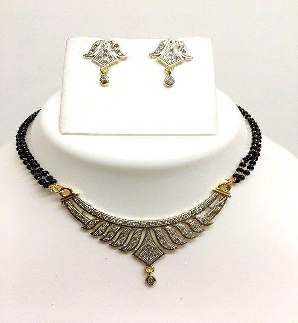 Gold Plated White & Black AD Studded & Beaded Mangalsutra With Earrings